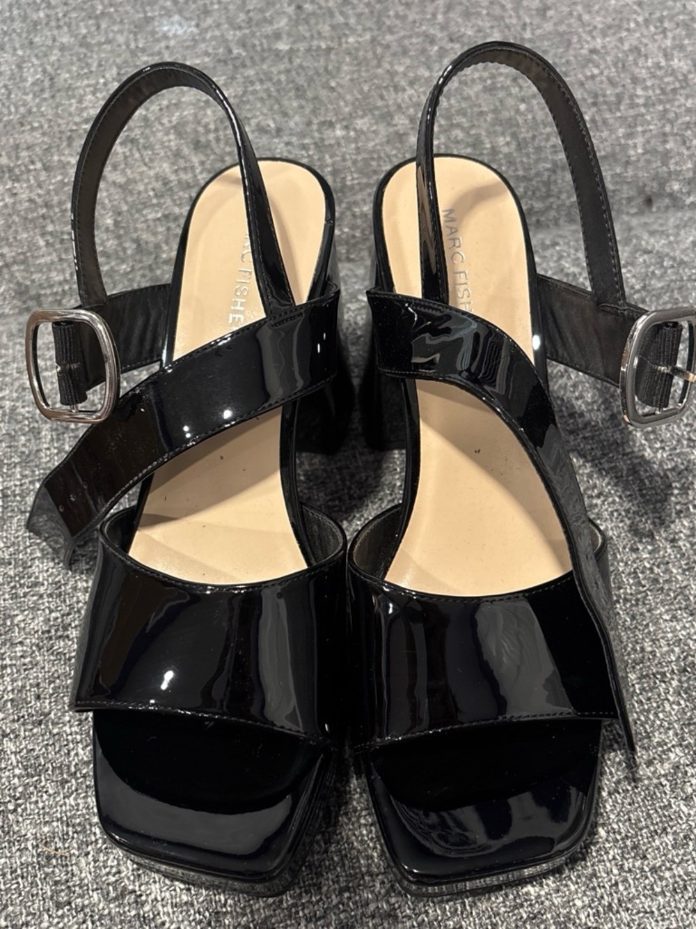 Marc Fisher Black Patent Square-Toe Block Heel Slingbacks